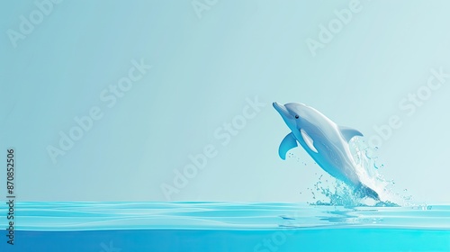 A playful dolphin leaps out of the clear blue ocean against a soft sky, showcasing its grace and agility in the natural marine habitat. © AI Farm
