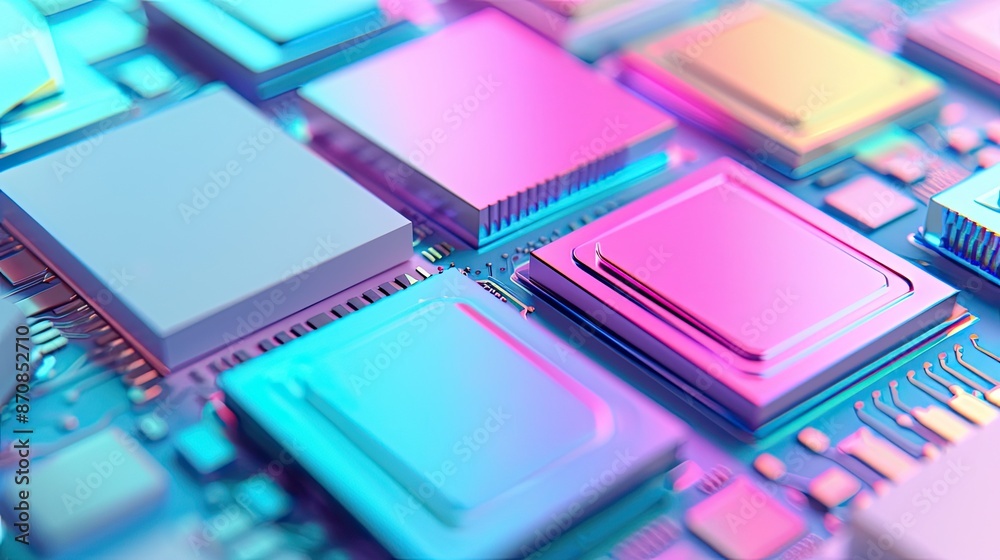 Close-up of colorful microchips on a circuit board, showcasing vibrant technology and intricate electronic components. Close-up of colorful microchips on a circuit board, showcasing vibrant technology and intricate electronic components.