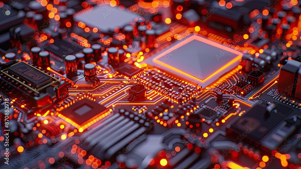 Close-up of a glowing circuit board showcasing intricate electronic components illuminated with red light. Ideal for technology and innovation themes. Close-up of a glowing circuit board showcasing intricate electronic components illuminated with red light. Ideal for technology and innovation themes.
