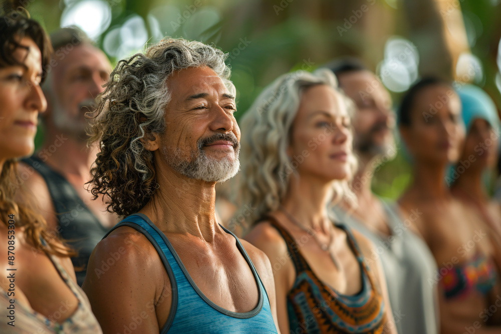 A senior man with a white beard at a meditation or yoga retreat A senior man with a white beard at a meditation or yoga retreat