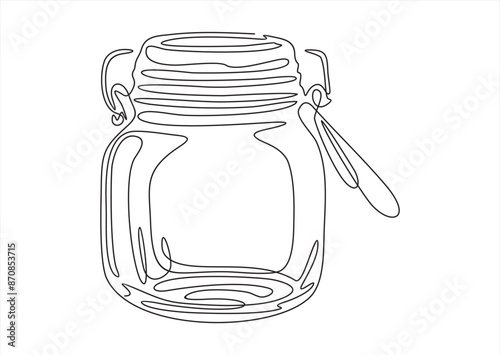 Glass canning jar in continuous line art drawing style. Food preserve. Minimalist black linear sketch on white background. Vector illustration