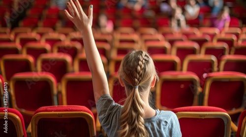 Female student raises hand in lecture hall to ask question during educational session