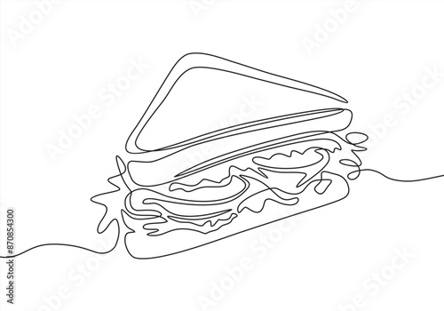 One continuous line drawing of fresh delicious American sandwich restaurant logo badge. Fast food cafe shop logotype template concept. Modern single line draw design vector graphic illustration