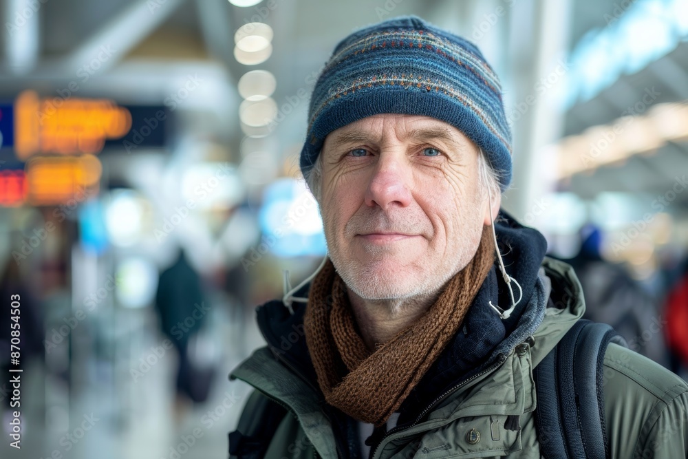 Portrait of a content caucasian man in his 50s dressed in a warm ski hat in front of bustling airport terminal background Portrait of a content caucasian man in his 50s dressed in a warm ski hat in front of bustling airport terminal background
