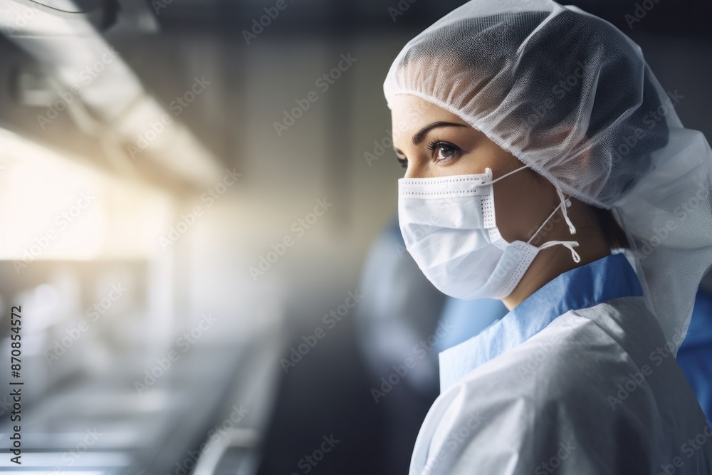 Young woman wearing a mask and protective clothing while working at a food factory Young woman wearing a mask and protective clothing while working at a food factory