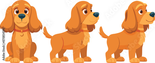 Cartoon golden retriever puppy in three different poses on white background