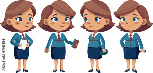 Cartoon businesswoman character in various poses with office items on white background
