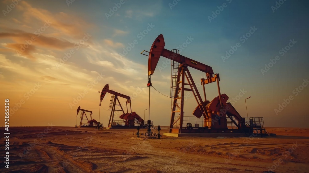 Oil well. Oil price cap concept. Oil drilling derricks at desert oilfield. Crude oil production from the ground. Petroleum pump Oil well. Oil price cap concept. Oil drilling derricks at desert oilfield. Crude oil production from the ground. Petroleum pump