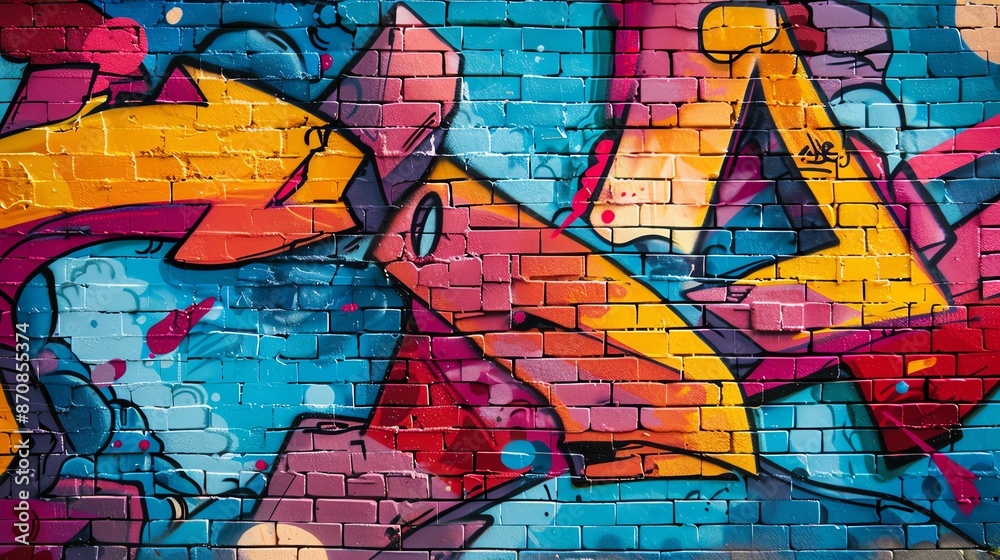 A colorful graffiti mural on a brick wall, with vibrant yellow, pink, blue and red hues. A colorful graffiti mural on a brick wall, with vibrant yellow, pink, blue and red hues.