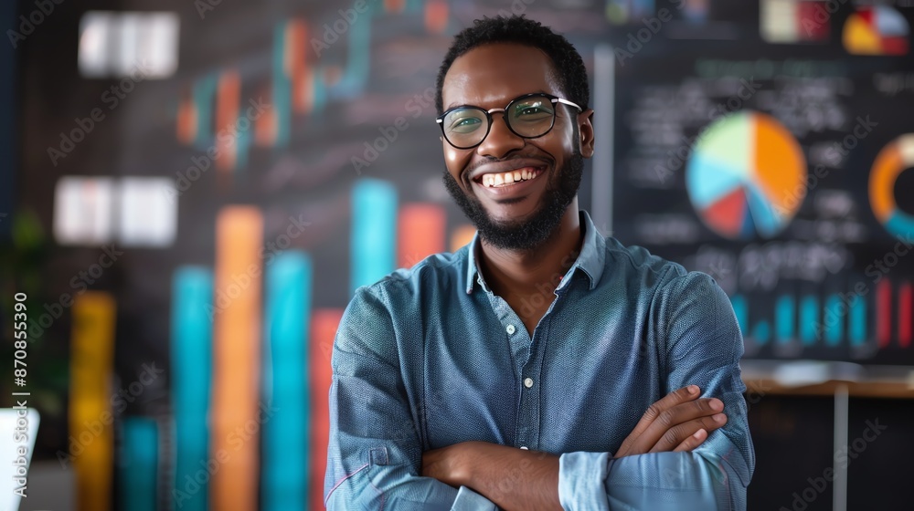 A confident Black man in glasses smiles with arms crossed in front of a whiteboard with charts and graphs. He is a successful businessman in a modern office. A confident Black man in glasses smiles with arms crossed in front of a whiteboard with charts and graphs. He is a successful businessman in a modern office.