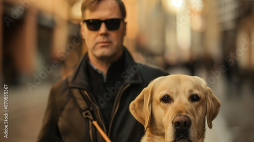A man wearing sunglasses walks alongside his guide dog © Pavel Kachanau
