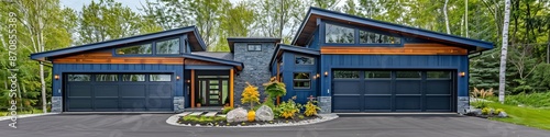 The modern style home has two garages framed by blue siding and natural stone wall trim.