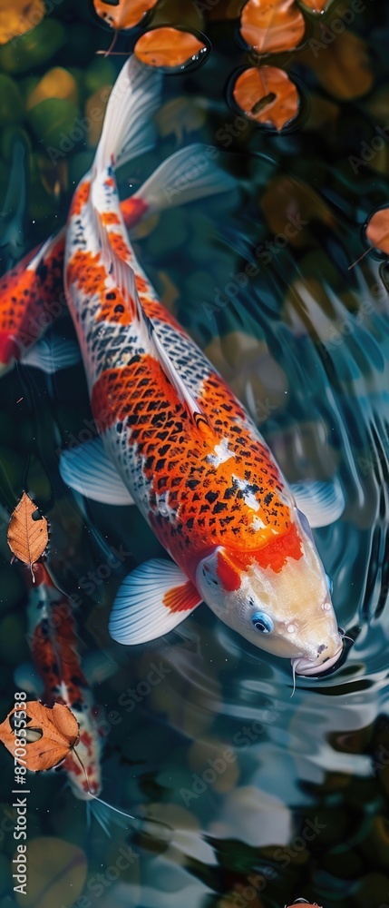 Naklejka premium Koi fish, colorful and serene, swimming in a tranquil pond focus on, ornamental beauty, vibrant, blend mode, Japanese garden backdrop