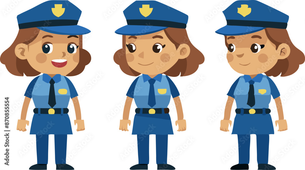 Cartoon female police officer character in uniform, joyful expressions and various poses for law enforcement concepts Cartoon female police officer character in uniform, joyful expressions and various poses for law enforcement concepts