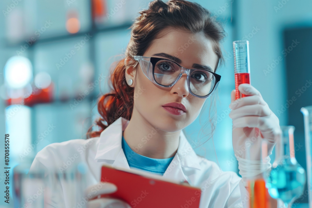 Young female scientist holding test tube and taking notes in laboratory Young female scientist holding test tube and taking notes in laboratory