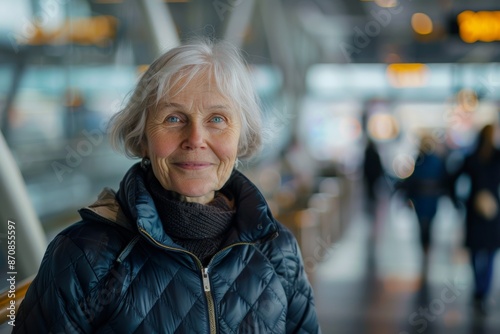 Portrait of a glad caucasian woman in her 60s sporting a quilted insulated jacket in front of bustling airport terminal background