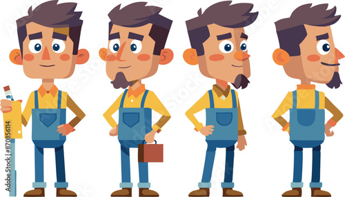 Cartoon character illustration of a man in overalls with four different poses