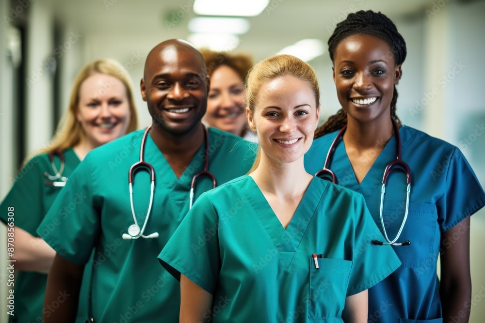 Smiling medical staff in the hospital corridor, team work, medical personnel