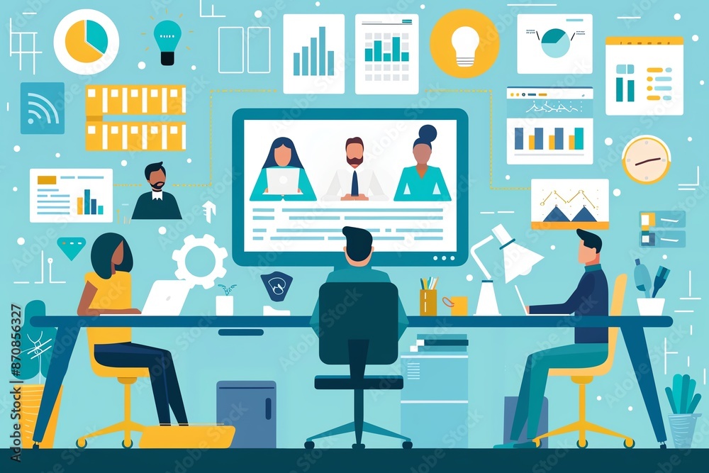 A diverse team of professionals working together on a video conference call in a modern office setting. A diverse team of professionals working together on a video conference call in a modern office setting.