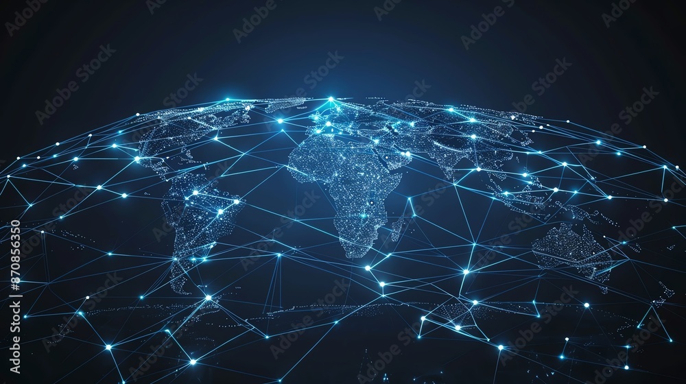 A glowing blue network of lines and nodes forms a digital representation of the Earth. A glowing blue network of lines and nodes forms a digital representation of the Earth.