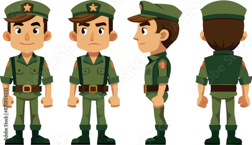 Cartoon soldier character design in various poses, green military uniform, front and side views