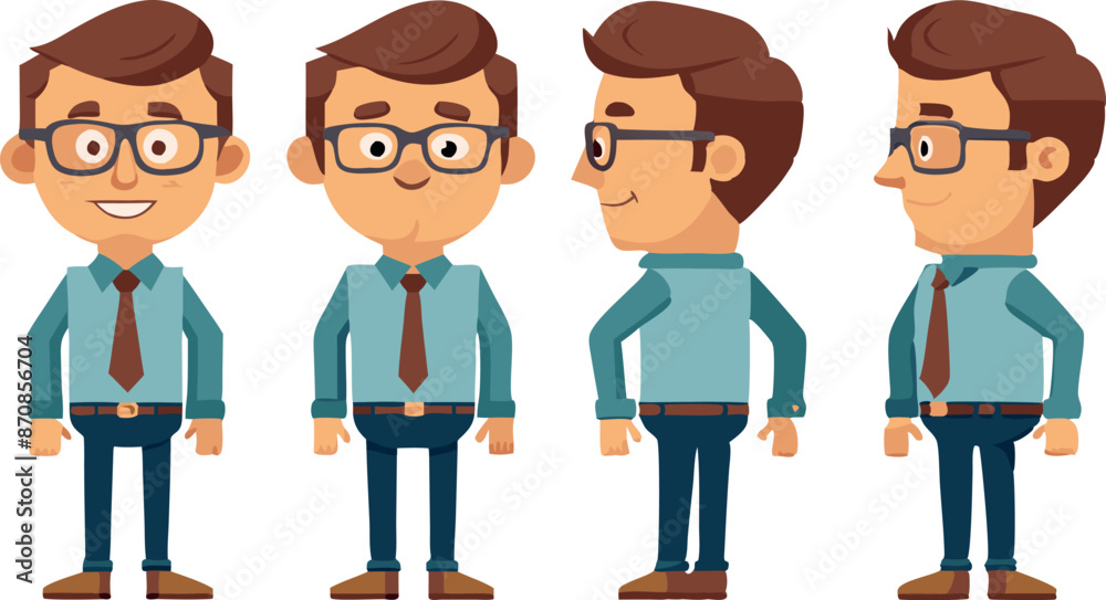 Cartoon businessman character in various poses with glasses and tie Cartoon businessman character in various poses with glasses and tie