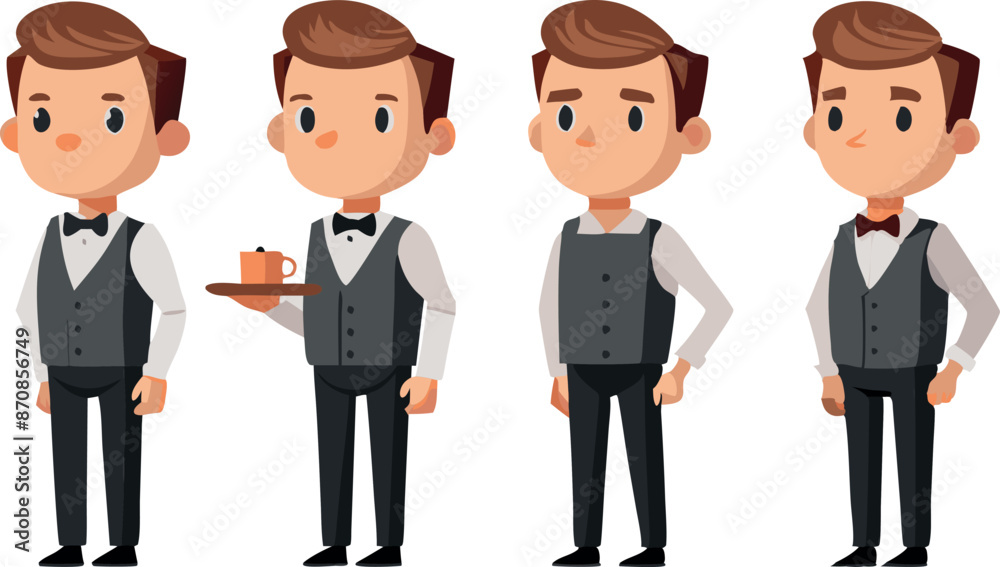 Naklejka premium Cartoon waiters in uniform with different poses including holding a tray