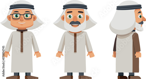 Cartoon illustration of elderly Arab man with different poses and expressions
