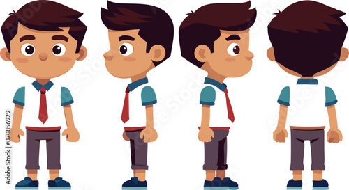 Cartoon character of a young boy in different poses and angles for animation