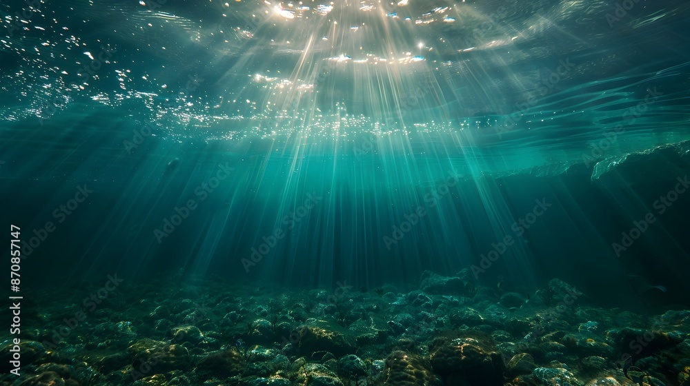 Ethereal Underwater Landscape with Sun Rays and Shimmering Reflections Ethereal Underwater Landscape with Sun Rays and Shimmering Reflections