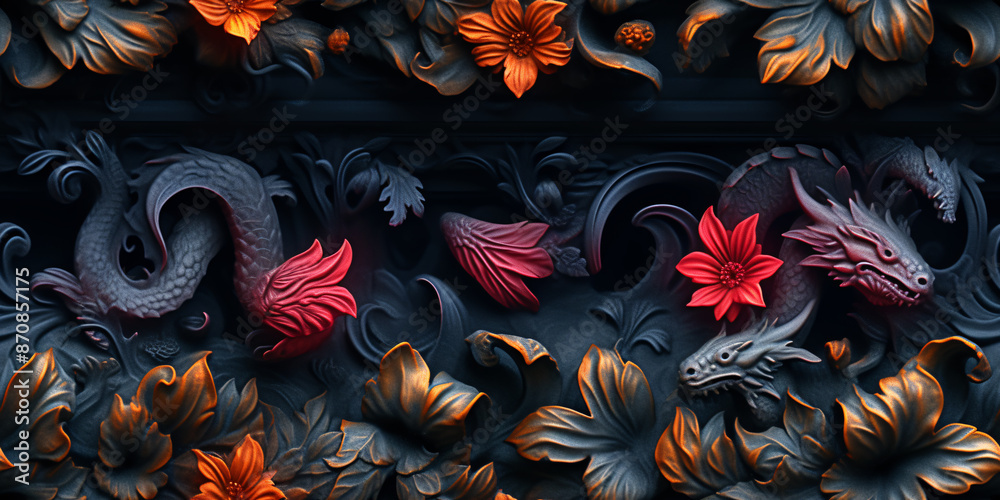 Mythical dragons in different poses creating an epic pattern (tile) Mythical dragons in different poses creating an epic pattern (tile)