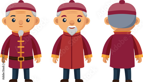 Cartoon character illustrations of an elderly man in traditional attire viewed from front, back, and side