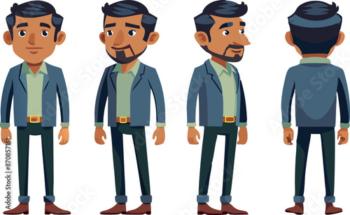 Cartoon character design showcasing four angles of a modern young man