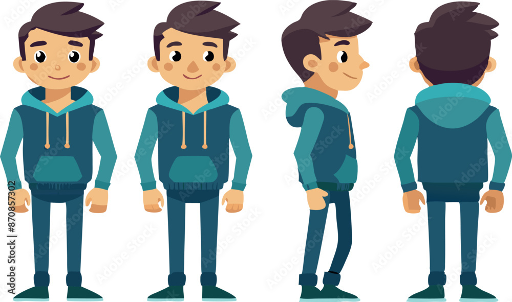 Naklejka premium Character design of young adult male in four different poses with casual outfit