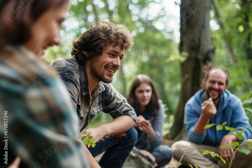 Joyful Friends Gathering Outdoors in Nature, Laughing and Discussing During Forest Adventure