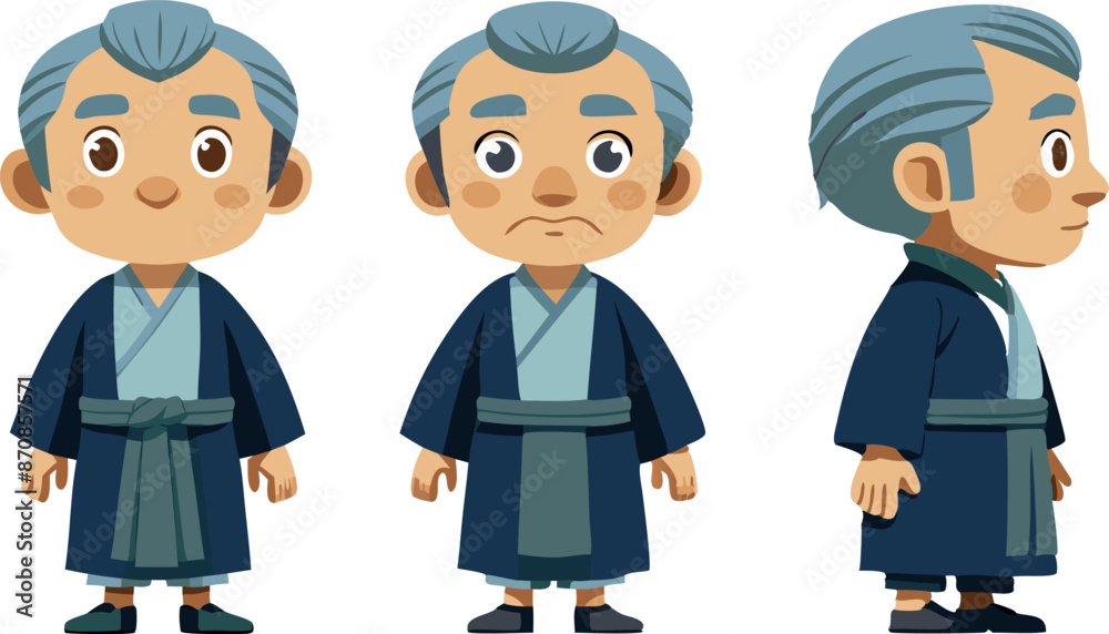 Cartoon character of elderly man in traditional Japanese clothing with front, side, and back views Cartoon character of elderly man in traditional Japanese clothing with front, side, and back views