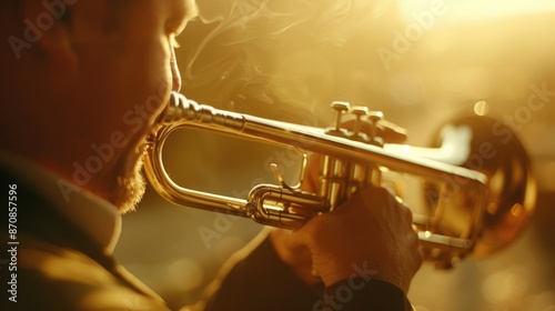 A person playing a trumpet outdoors in sunny weather