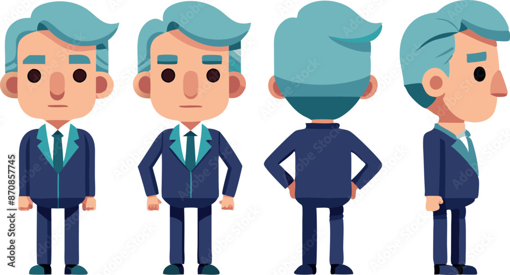 Cartoon character in suit with blue hair in multiple poses for animation Cartoon character in suit with blue hair in multiple poses for animation