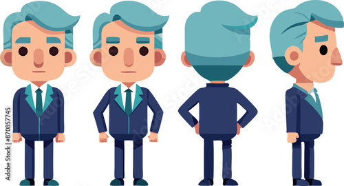 Cartoon character in suit with blue hair in multiple poses for animation