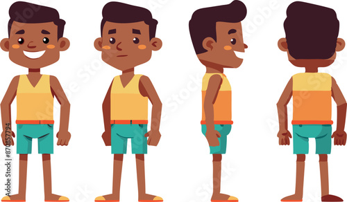 Four angles of a cheerful cartoon boy character in casual summer clothes