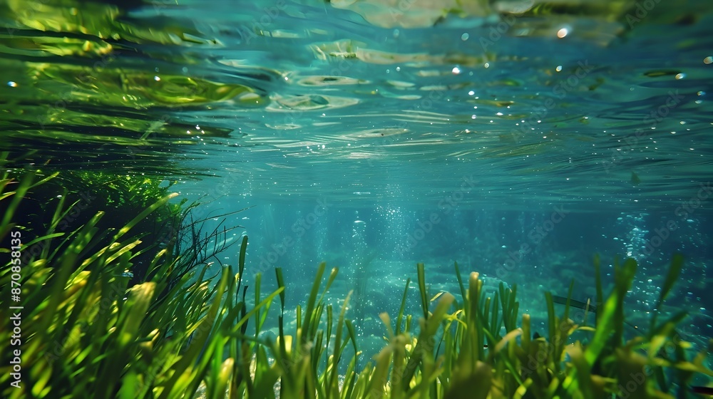Tranquil Underwater Oasis with Lush Aquatic Vegetation and Crystal Clear Blue Waters Tranquil Underwater Oasis with Lush Aquatic Vegetation and Crystal Clear Blue Waters