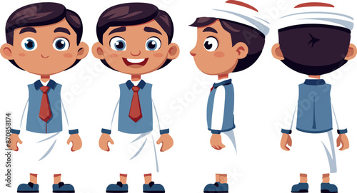 Cartoon boy in traditional clothing with multiple poses and expressions for animation