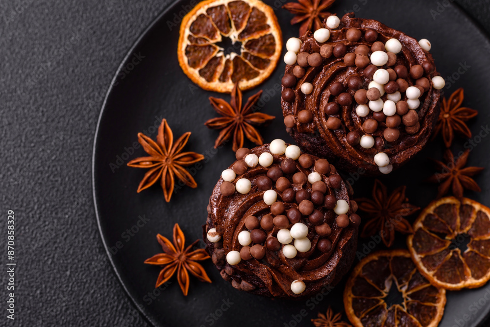Delicious fresh muffins with filling and chocolate coating Delicious fresh muffins with filling and chocolate coating