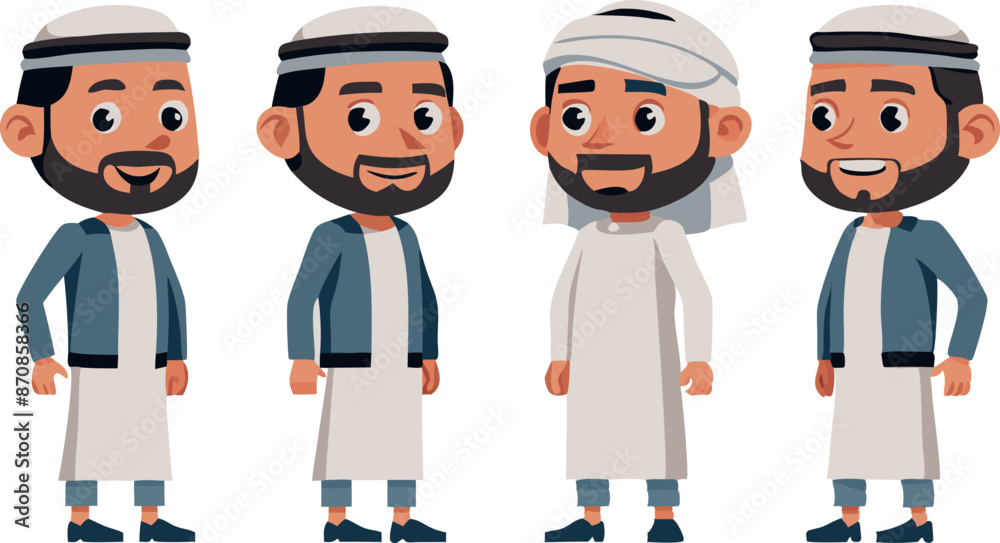 Cartoon characters of men in traditional Middle Eastern attire with various poses Cartoon characters of men in traditional Middle Eastern attire with various poses