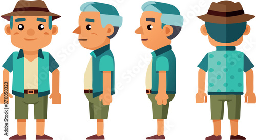 Cartoon character design of elderly man in casual outfit with multiple views