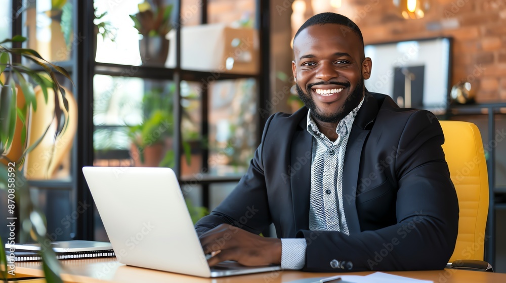 Smiling businessman working on laptop in modern office. Smiling businessman working on laptop in modern office.