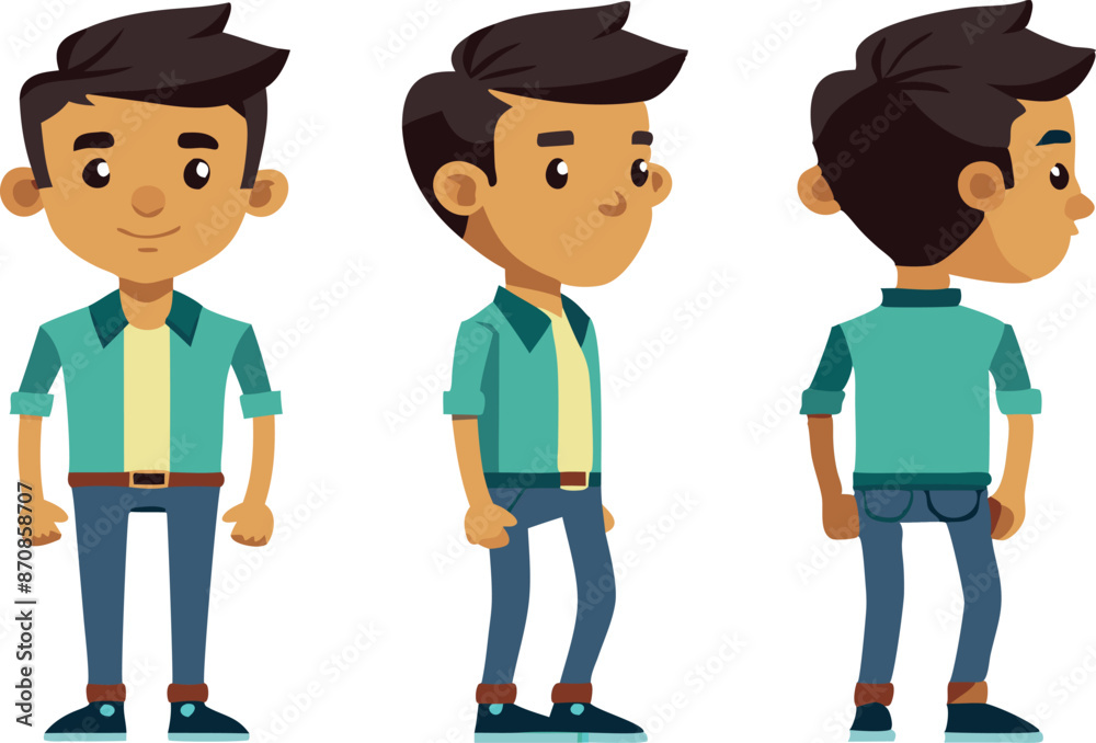Cartoon character of a young man in different poses with front, side, and back views on a white background Cartoon character of a young man in different poses with front, side, and back views on a white background