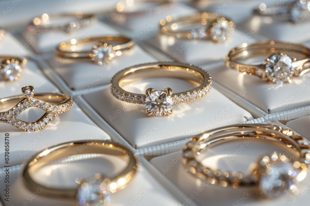 A collection of gold and diamond rings displayed on a velvet background A collection of gold and diamond rings displayed on a velvet background
