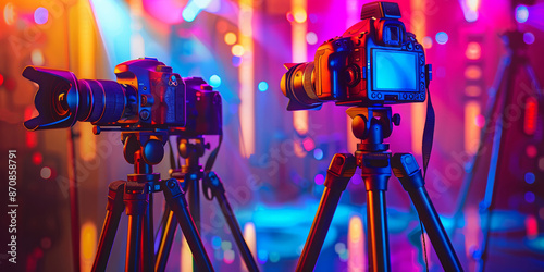 Vibrant Photography Equipment in Neon Lit Studio Setting