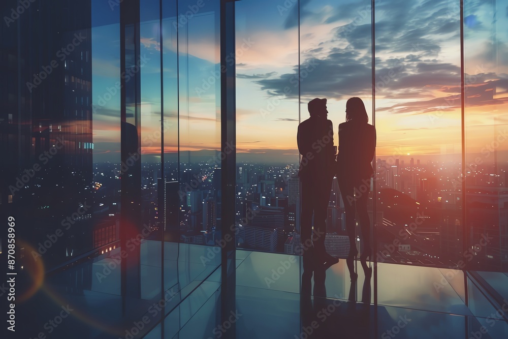 Fototapeta premium Two silhouettes of businesspeople stand in a skyscraper looking out over a city skyline at sunset.